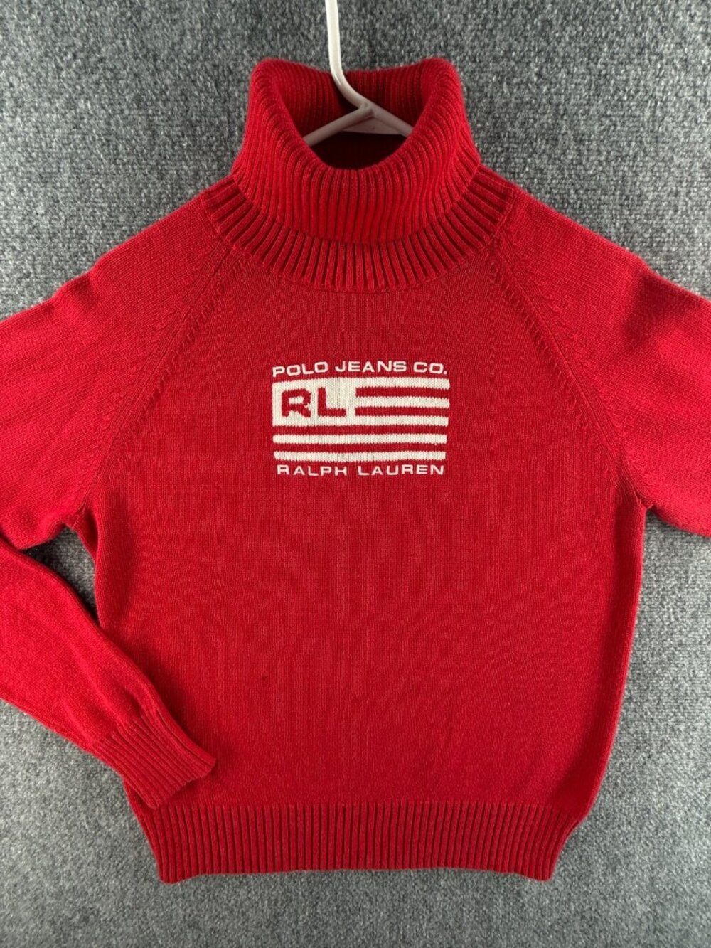 Ralph Lauren Polo Jeans Women Flag Sweater Red XL Turtleneck Knit Pullover USA